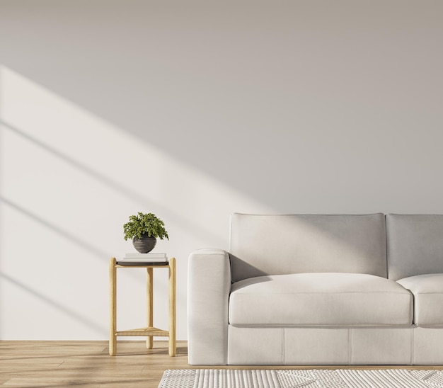 Sala de estar minimalista con sofá de pared blanca y mesa lateral