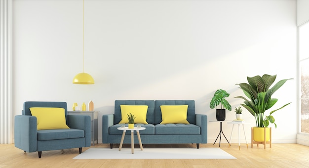 Sala de estar minimalista con sofá y sillón, pared blanca y piso de madera, representación 3d