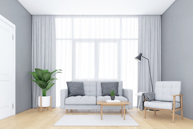 Sala de estar minimalista con ventanas y cortinas blancas Sofá y sillón Representación 3d