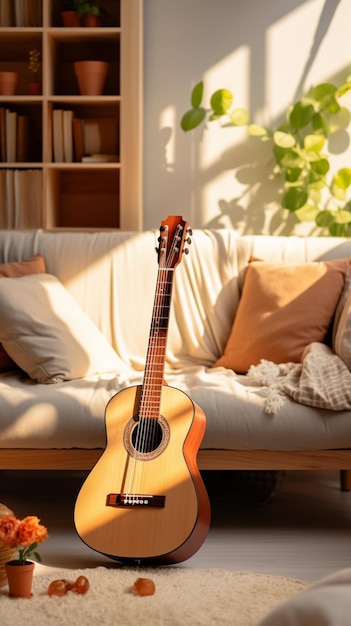 En una sala de estar moderna y acogedora, una guitarra es la pieza central elegante Papel pintado vertical para móviles