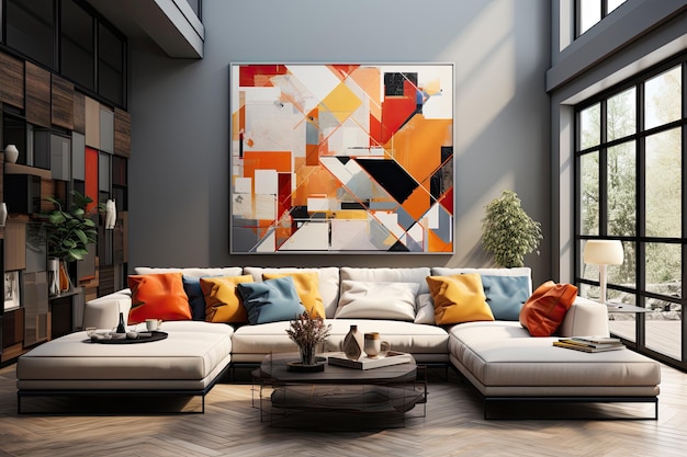 sala de estar moderna y acogedora con muebles y una gran pintura abstracta en la pared Generar Ai