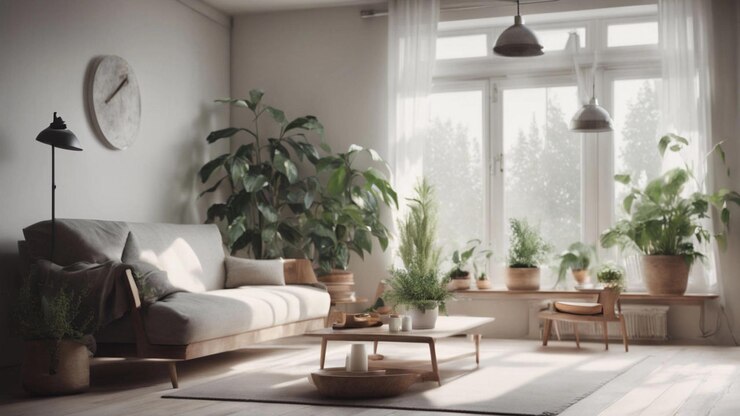 Sala de estar moderna y acogedora con vegetación y luz natural