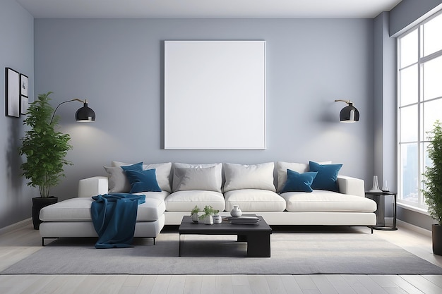 Sala de estar moderna azul con lienzo en blanco