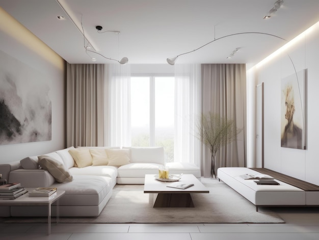 Sala de estar moderna blanca mínima con muebles modernos y cómodos IA generativa