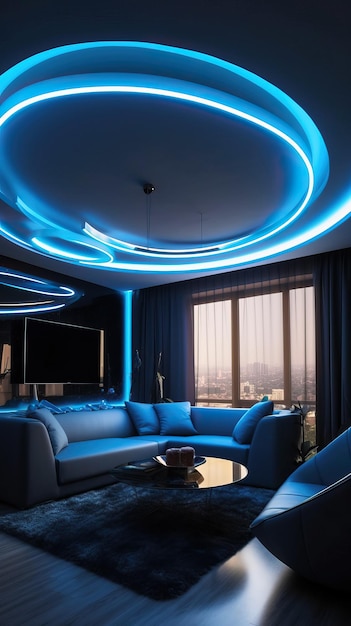 Sala de estar moderna con candelabro de techo en espiral de neón azul Creado con herramientas de IA generativa