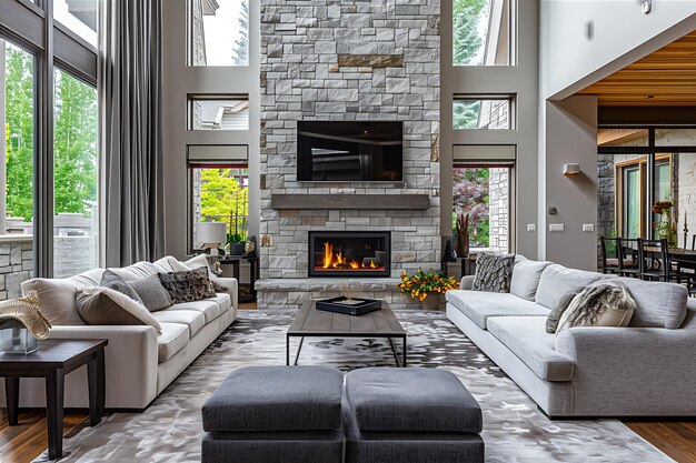 Foto sala de estar moderna con chimenea de piedra