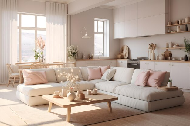 Sala de estar moderna con cocina beige en el estilo de blanco claro y oro claro