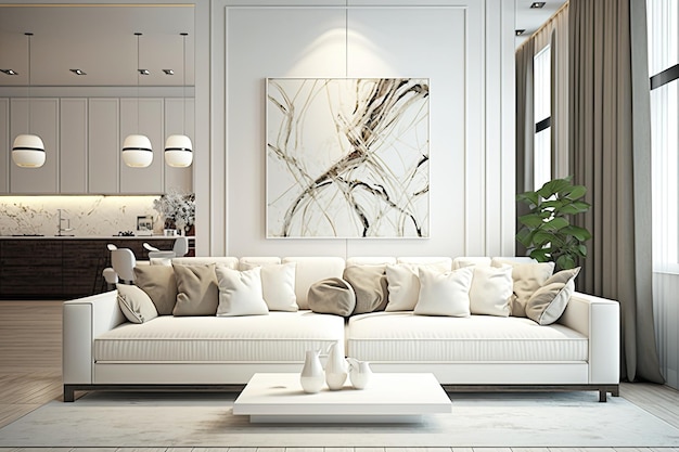 Sala de estar moderna con cómodo sofá blanco Diseño de interiores AI generativa