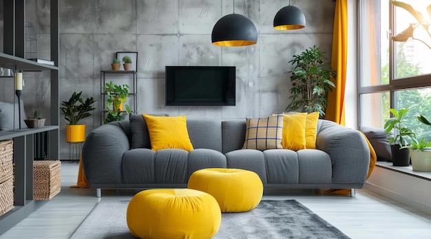 Sala de estar moderna en un condominio o loft con muebles modernos de moda un sofá gris y almohadas amarillas
