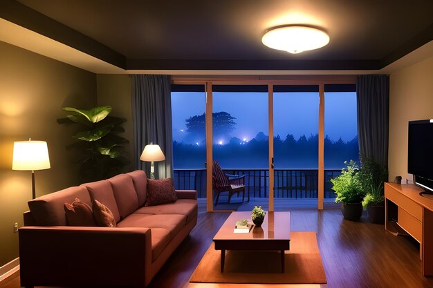 Foto sala de estar moderna débilmente iluminada con la noche lluviosa oscura afuera