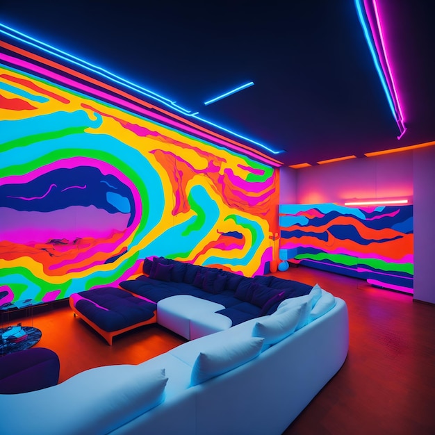 Una sala de estar moderna con una decoración colorida y arte en la pared