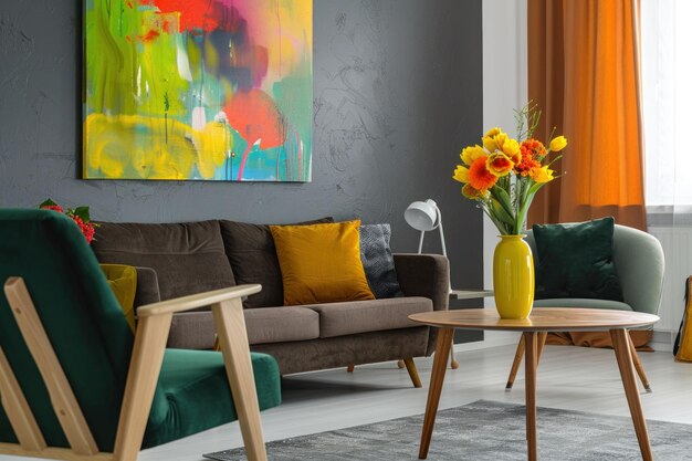 Sala de estar moderna con decoración colorida y flores vibrantes en un jarrón