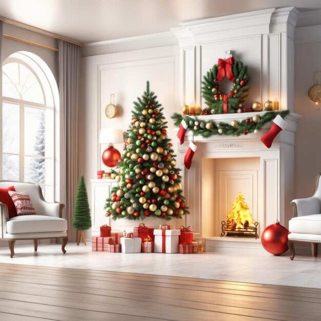 Sala de estar moderna decorada con regalos de árboles de Navidad y cajas de regalos de Navidad bajo el árbol