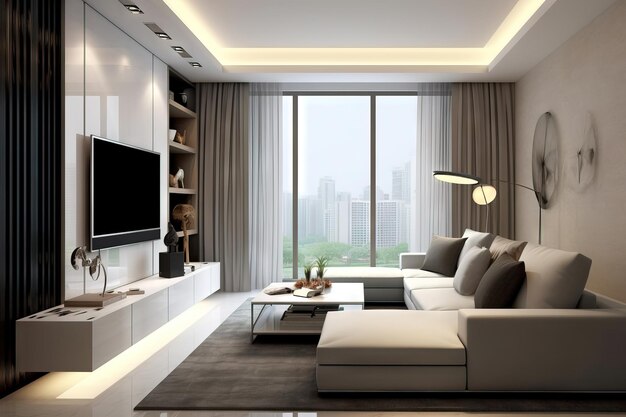Sala de estar moderna en un edificio con vista a la ciudad