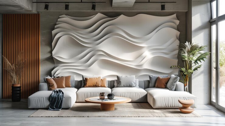 Sala de estar moderna y elegante con una pared con patrones de onda, sofá acogedor y plantas de interior