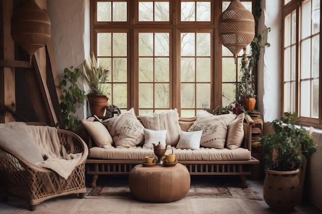 Sala de estar moderna con encanto ecléctico con diseño de interiores estilo boho IA generativa