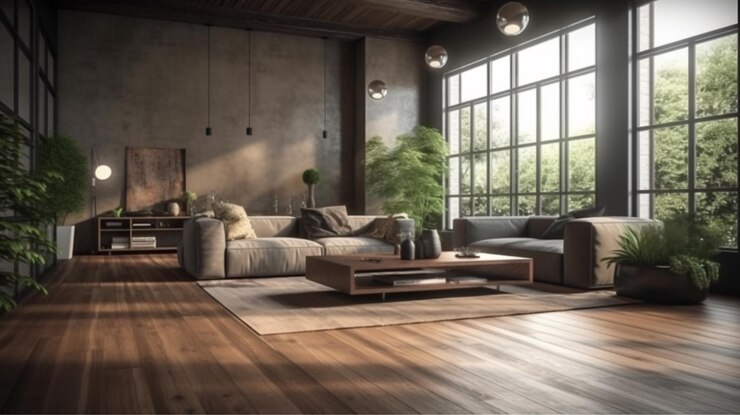Sala de estar moderna en estilo loft con piso de madera ai generativo
