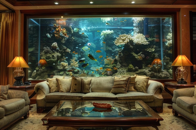 Sala de estar moderna con gran tanque de peces acuario de coral y peces