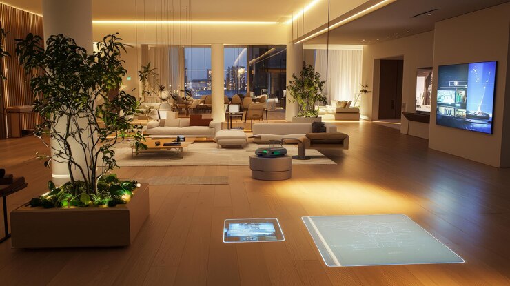 Una sala de estar moderna con un gran televisor un robot una planta y una gran ventana con vista a la ciudad