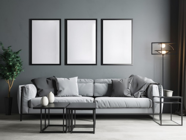 Sala de estar moderna gris con marco simulado y muebles modernos IA generativa