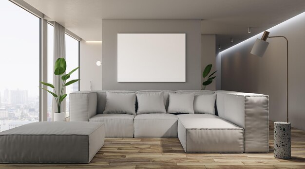 Sala de estar moderna y ligera con estandarte blanco vacío, piso de madera, ventana y muebles con vista a la ciudad Concepto de diseño de interiores en 3D