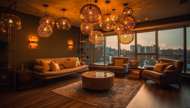 Sala de estar moderna de lujo iluminada por un candelabro generado por IA
