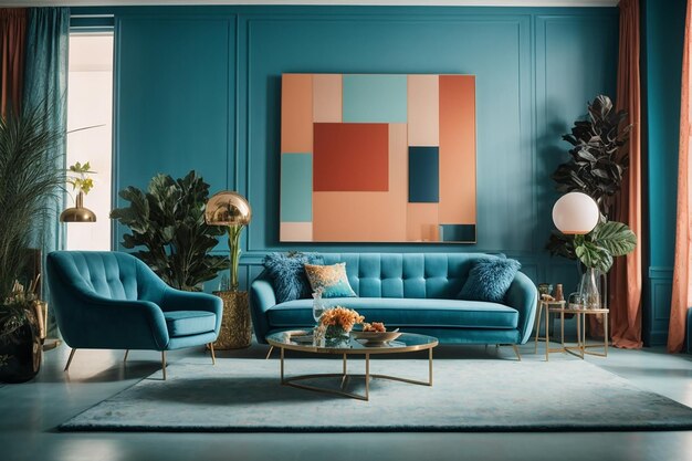 Sala de estar moderna y luminosa sin nadie, con muebles azules y paredes bellamente decoradas