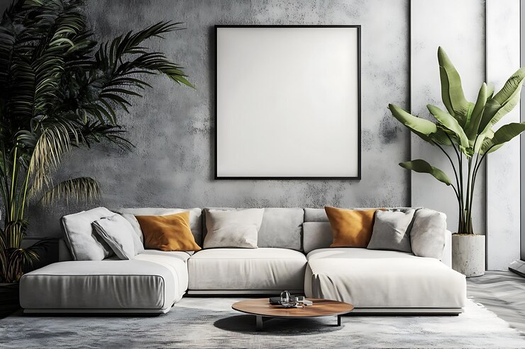 Sala de estar moderna con marco en blanco y plantas de interior