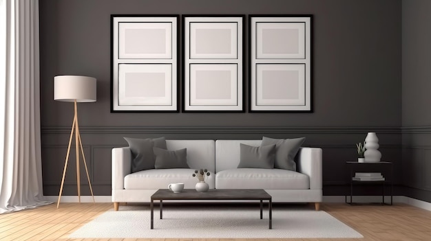 Una sala de estar moderna con un marco de imágenes en la pared IA generativa