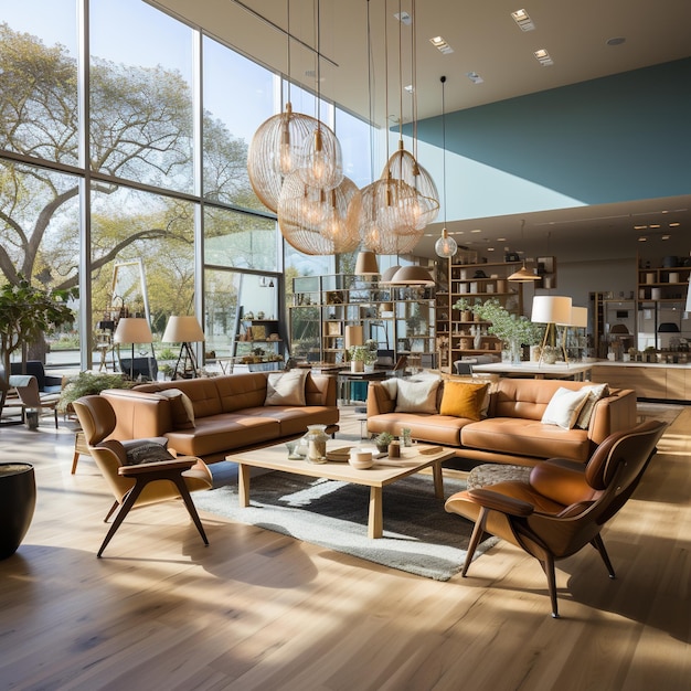 Sala de estar moderna de mediados de siglo con grandes ventanas