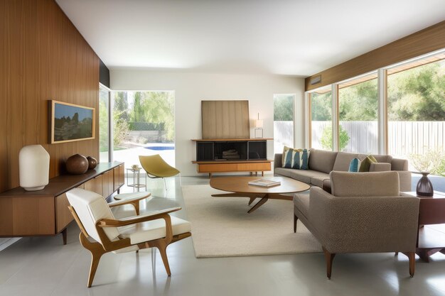 Sala de estar moderna de mediados de siglo con líneas elegantes y elementos de diseño minimalista