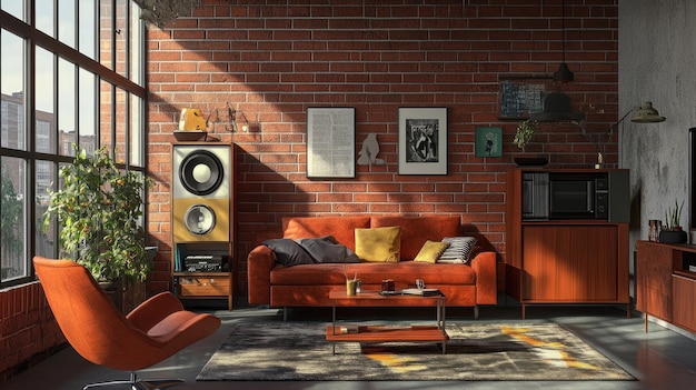 Sala de estar moderna de mediados de siglo con pared de ladrillo