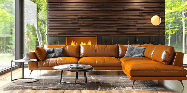 Sala de estar moderna de mediados de siglo con un sofá de cuero marrón y chimenea Concepto Decoración del hogar Diseño de interiores moderno de mediados de século Sofá de piel chimenea