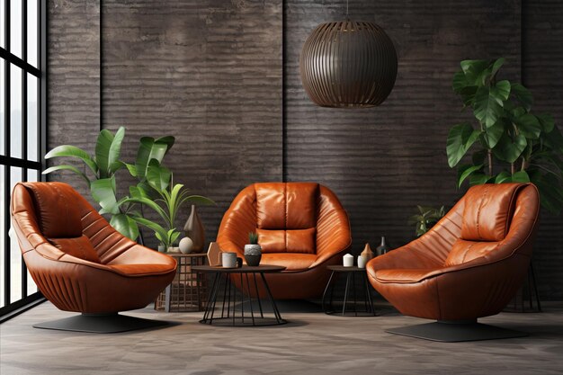 Foto sala de estar moderna de mediados de siglo con sofá de terracota y sillones de cuero marrón