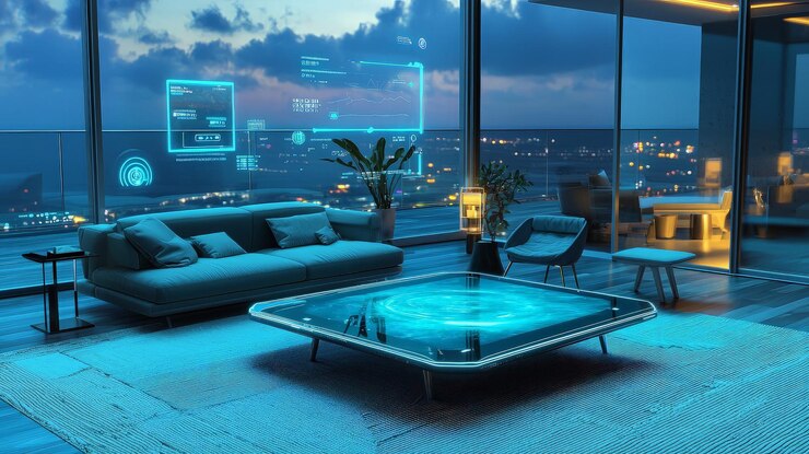 Sala de estar moderna con mesa de café futurista y tecnología de hogar inteligente con vistas a una ciudad por la noche