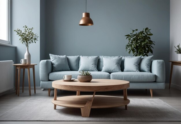 Sala de estar moderna con mesa de café de madera redonda y sofá moderno Diseño interior escandinavo