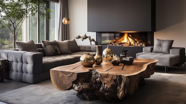 Sala de estar moderna con mesa de café de tronco de madera cerca de sillones grises y sofá