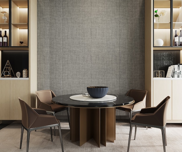 Sala de estar moderna con mesa de comedor y gabinete, render 3d, maqueta de pared, maqueta de marco
