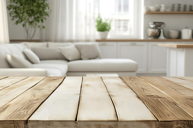 Sala de estar moderna con mesa de madera y planta