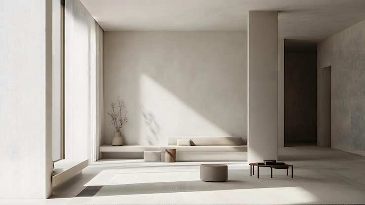 Sala de estar moderna minimalista con luz natural y muebles minimalistas