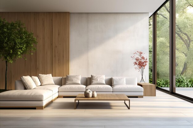 Sala de estar moderna minimalista con sofá de esquina blanca y mesa de café de madera rústica