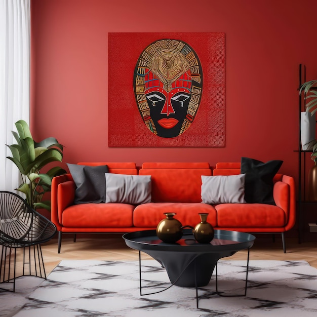 Sala de estar moderna con motivo africano y máscara africana en las paredes con una hermosa mujer negra