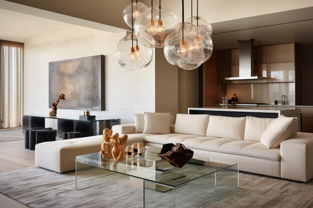 Sala de estar moderna con muebles elegantes arte abstracto y iluminación elegante
