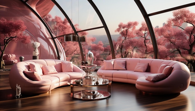 sala de estar moderna con muebles rosados y pared acristalada en material de vidrio