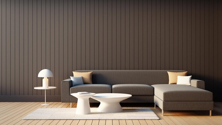 Sala de estar moderna y negro - Fondo de pared marrón - Representación 3D