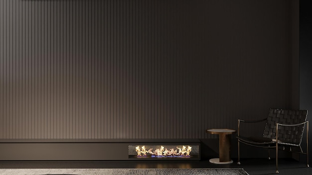 Sala de estar moderna y oscura con chimenea y paredes texturizadas