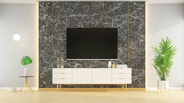 Sala de estar moderna con pared de mármol y mueble de TV de lujo. Representación 3D