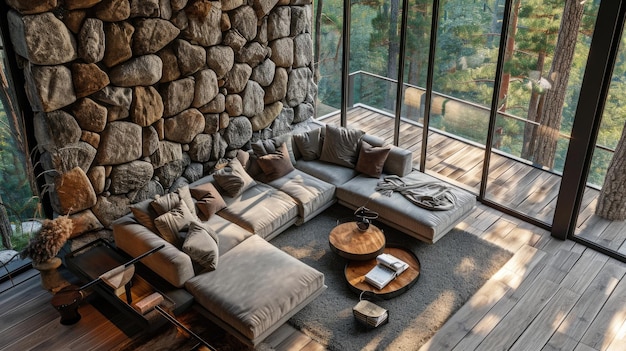 Sala de estar moderna con pared de piedra y vista al bosque
