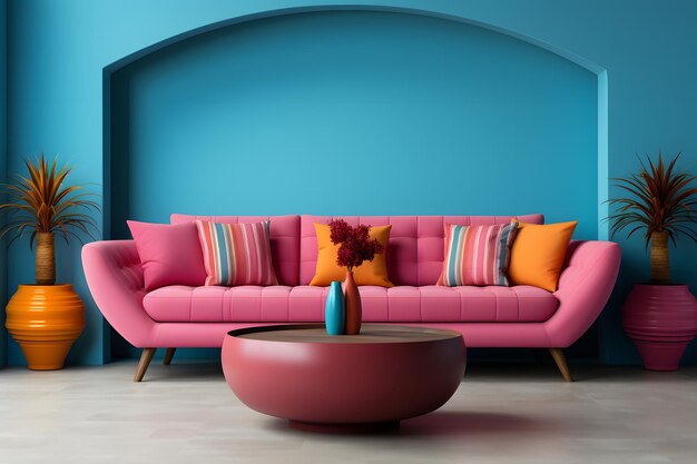 Foto sala de estar moderna con paredes azules sofá rosa con cojines naranjas y jarrón de flores ai generado