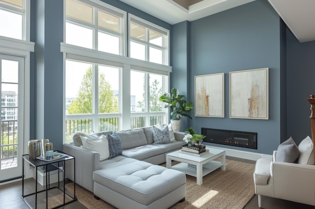 Sala de estar moderna con paredes azules y ventanas grandes
